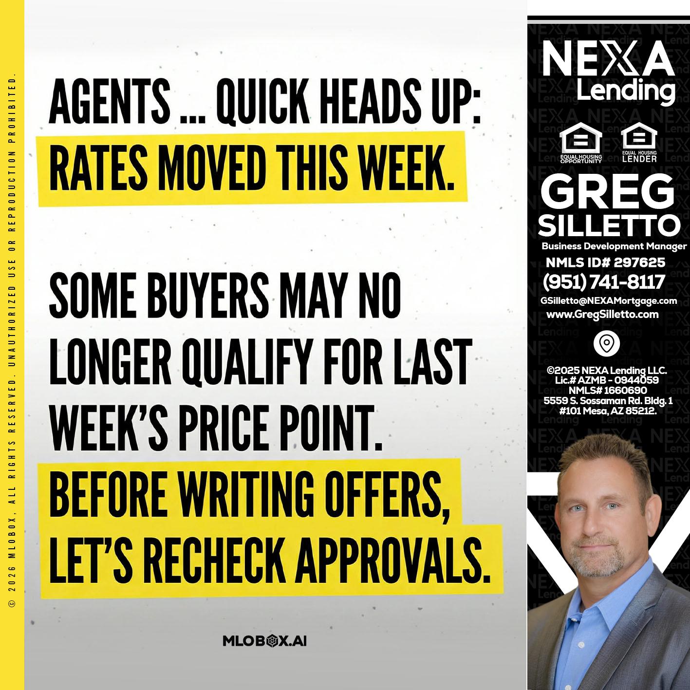 agents quick heads up - Greg Silletto -Business Development Manager